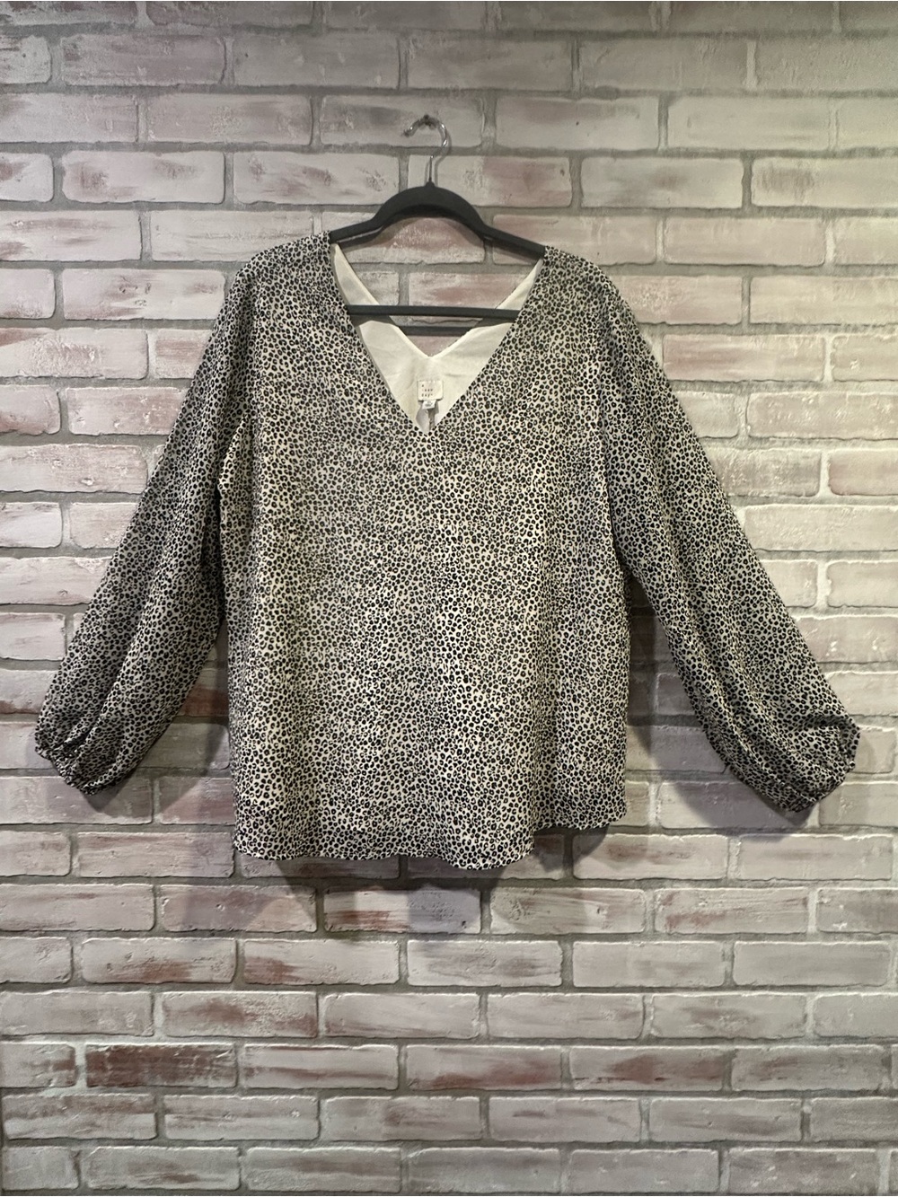 A New Day V-Neck Long Sleeve Animal Print Blouse - Black & White XL